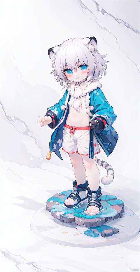  Bestquality,8k,(((masterpiece))),((bestquality)),
 (full_body:1.2),solo,
 White tiger,Swimming trunks,White animal hair, Delicate blue eyes,furry, bichu, shota, HYZ, killer,pvc figure, , (\shen ming shao nv\)