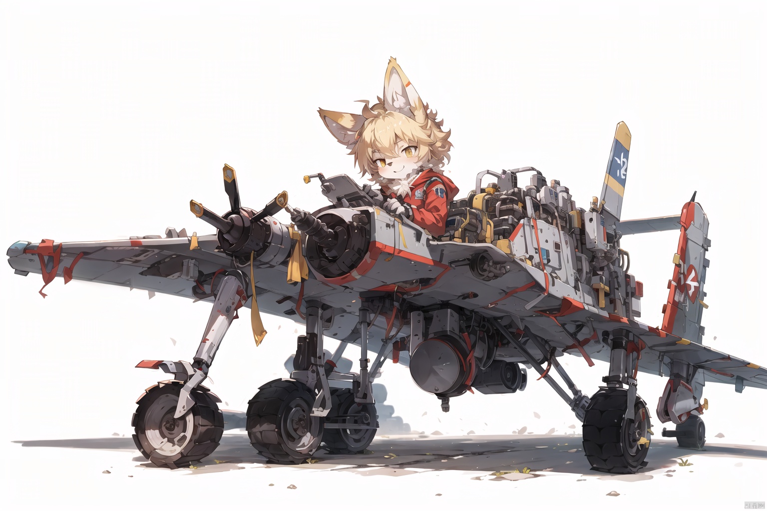  solo, absurdres, highres, ultra detailed, masterpiece, Furry wolf Girl,flip hair,play ,blonde,cccp soviet plane ,face focus,communist ,digital art style,(kid:1.2), bichu, Migunov, Furry girl,sketch,fur paws, pick, aircraft,sci-fic, robot, crawler, furry girl, shota, furry