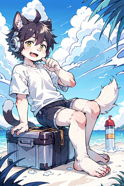  ahoge, furry, Children with bells and headphones, furry, open mouth, Big fluffy tail, An eight-year-old boy, Not a spot on the whole body, Yellow cat ears and brown antlers, Gray shorts, White shirt, The size of the cat, Juvenile, Skinny body type, 1boy, cat boy, furry, cub, ultra cute face, full body, perfect lighting, masterpiece, ultra detailed, White clothes, ultra detailed fur, Beach, outside, The blue sky and white clouds, Alone,barefoot,cow boy,cow horn,yellow, shota