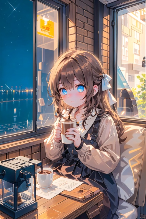  A girl sat alone by the window, with a drizzle outside the window, holding half a cup of cold coffee in her hand. Her eyes were deep and melancholy, and the background was a vague night city.