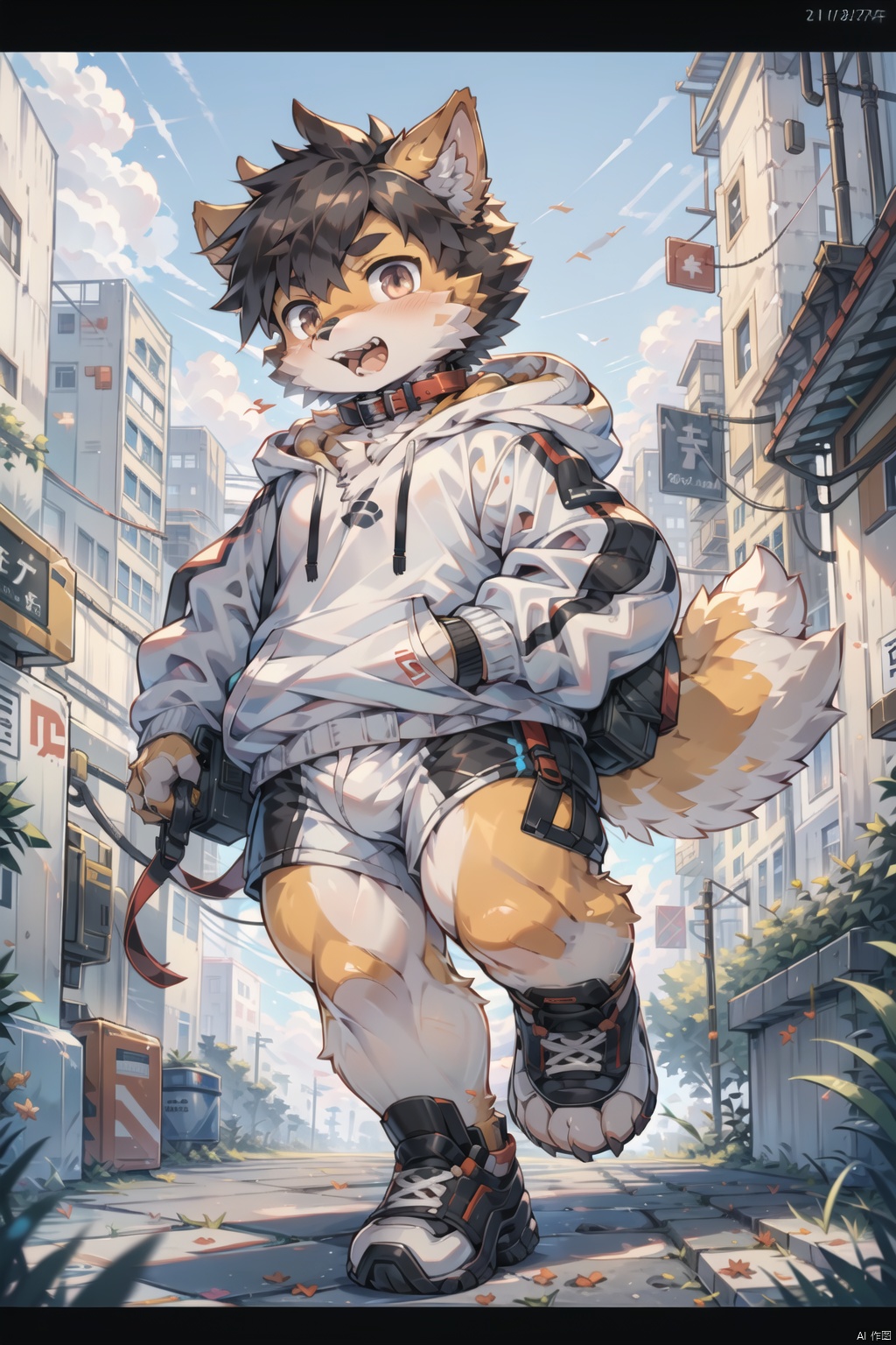  ((best quality)),(boy:Shiba inu:0.8),(boy:1.2),(dark brown fluffy hair:1.3), (big grey innocent eyes:1.2),stubborn expression,open the mouth and show the teeth,canine teeth,(white hoodie with paw prints:1.1),(collar on neck:1.2),paws in pocket,(carefree attitude:1.2), (anime character:1.3), lovable personality, (endearing perspective:1.1), (8k resolution:1.0),furry,pixel art,machinery, furry,fat, shota