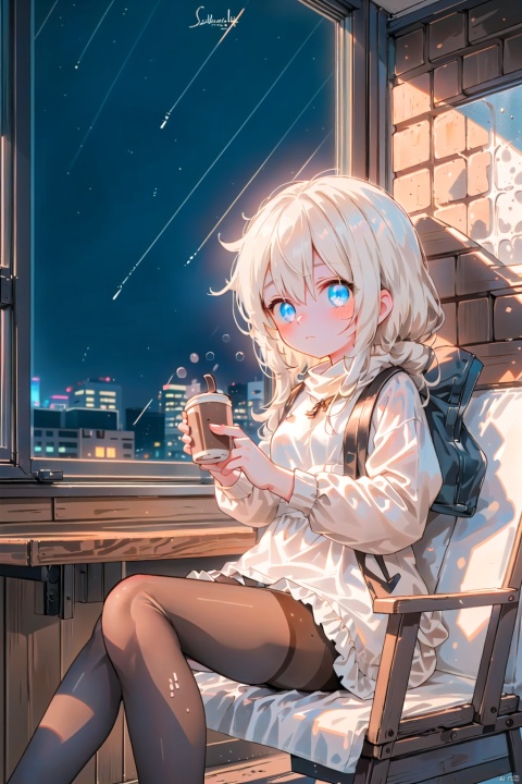  A girl sat alone by the window, with a drizzle outside the window, holding half a cup of cold coffee in her hand. Her eyes were deep and melancholy, and the background was a vague night city., white pantyhose