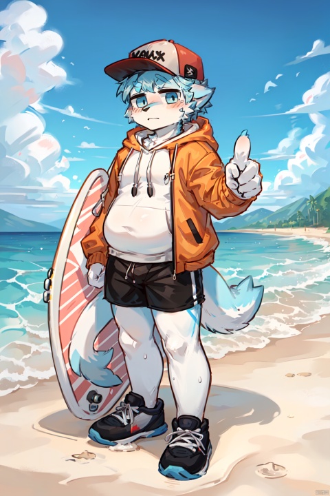  (\lang lang\), surfboard, solo, hat, shorts, water, male focus, shoes, holding, 1boy, waves, jacket, hood, baseball cap, hood down, long sleeves, yellow jacket, full body, drawstring, skateboard, pointing, blue footwear, furry, tail, dolphin, standing, whale, hoodie, looking at viewer, furry male, sneakers, white headwear, orange jacket, white shorts, blush stickers, CUXIAN,fat,chibi