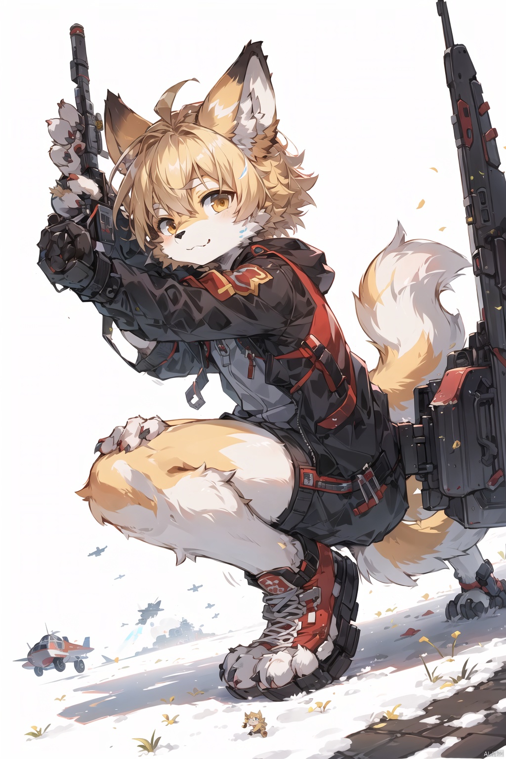  solo, absurdres, highres, ultra detailed, masterpiece, Furry wolf Girl,flip hair,play ,blonde,cccp soviet plane ,face focus,communist ,digital art style,(kid:1.2), bichu, Migunov, Furry girl,sketch,fur paws, pick, aircraft,sci-fic, robot, crawler, furry girl, shota, furry