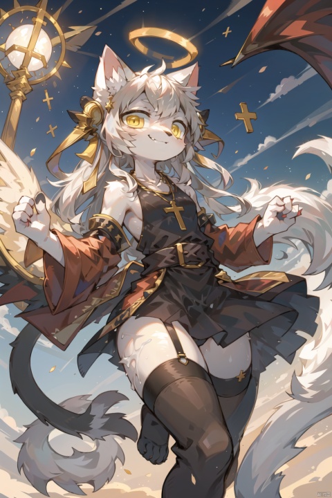  white hair, yellow eyes, looking up, stockings, long hair, hime cut, messy hair, floating hair, demon wings, halo, cross necklace, holy, divinity, shine, holy light, cat girl, (loli), (petite),smile, mammon, shota, furry