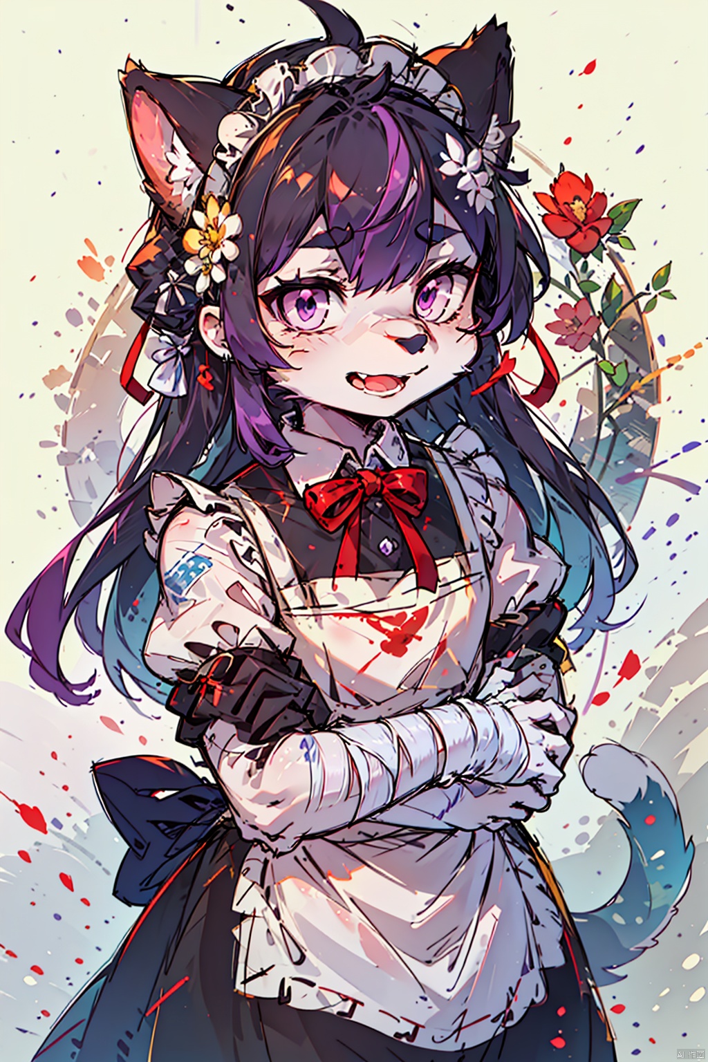  1girl, solo, long hair, looking at viewer, bangs, black hair, gloves, dress, ribbon, hair between eyes, closed mouth, purple eyes, purple hair, flower, multicolored hair, frills, black gloves, hand up, apron, black dress, two-tone hair, maid, maid headdress, neck ribbon, one side up, bandages, white flower, white apron, maid apron, frilled apron, yellow ribbon, colored inner hair, bandaged arm, collared dress, pink fantasy, jinlanshan, lbb, JHJH,((masterpiece)), ((best quality)), ((illustration)), extremely detailed, fensehuanxiang,pink fantasy,cat,abstract background,yellow and purple, Cluttered lines, furry, shota