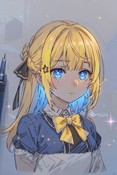  1girl,artsuijin,bandages,bangs,bowtie,braid,dark aura,hair bow,hair ornament,hair ribbon,long hair,looking at viewer,multicolored hair,portrait,solo,traditional media,upper body,yellow hair,blue eyes,symbol-shaped pupils,star,,, masterpiece, best quality, highres, artsuijin
