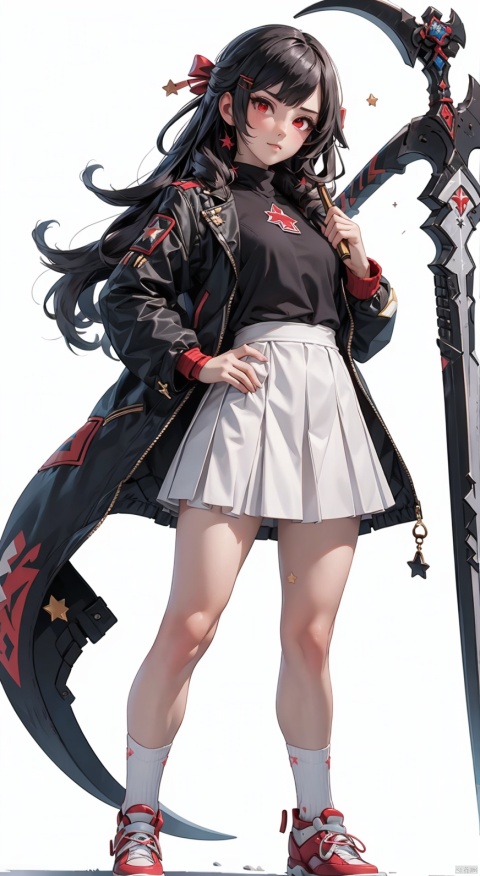  (1girl:0.6),thin,very long hair,black hair, A bundle of red hair,red eyes,small breasts,black coat,white lining,white skirt,socks,shoes,closed mouth,red star hairpin,(star), serious,star,(scythe),((((white_background)))),standing,masterpiece,best quality,official art,extremely detailed CG unity 8k wallpaper