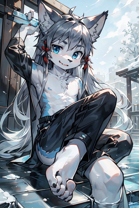  anime,8K,(only one little boy:1.25),[furry:0.3],juvenile,(ten years old:1.2)(silver long hair:1.25),bare foot,blue ice eyes,((poakl)),Wolf ears on the head, furry