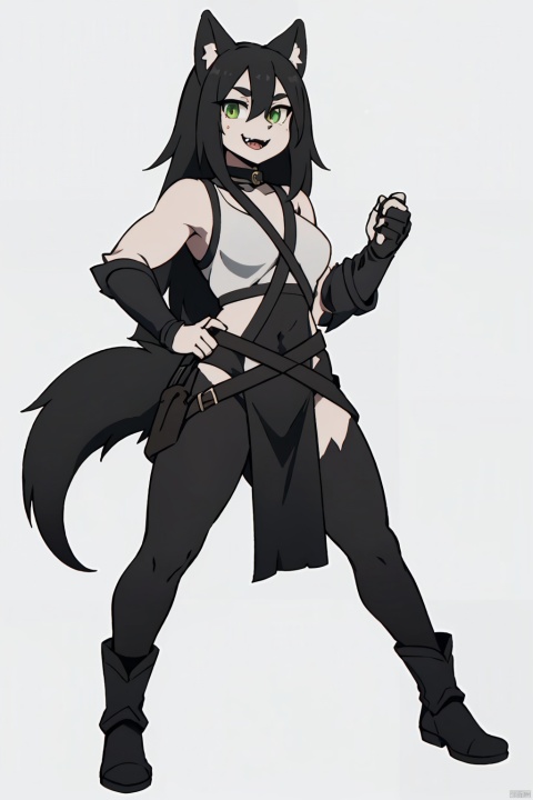  1girl, furry, rogue, full body,(wolf girl,green eye,black hair), leather armor, black fur at all, wolf face, FurryCore,1tail,grinning, sharp fangs,human hands,Gynomorph, f4nt4nsy style, eastern dragon, rachel