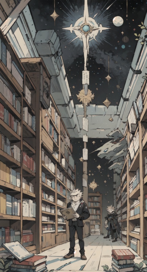 arafed image of a man standing in a library with books, endless books, borne space library artwork, books cave, fantasy book illustration, spiral shelves full of books, infinite celestial library, an eternal library, gothic epic library concept, magic library, japanese sci - fi books art, beeple and jean giraud, books all over the place, 