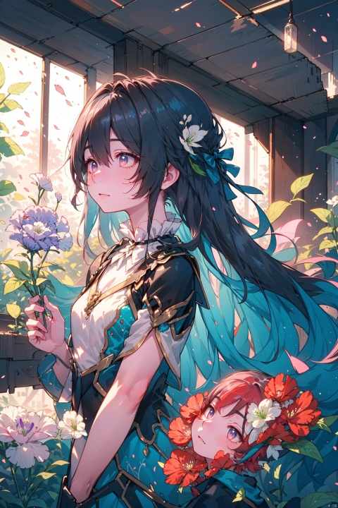  1girl, long hair, flower, Lisianthus, in the style of red and light azure, dreamy and romantic compositions, red, ethereal foliage, playful arrangements, fantasy, high contrast, ink strokes, explosions, over exposure, purple and red tone impression, abstract, whole body capture, ,
, 1girl, liuying, shota
