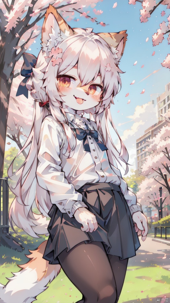 park,sky,day,skirt,bow,long hair, straight hair,smile,tongue out,fang,1girl,upper body,cherry blossoms, furry, shota, white pantyhose