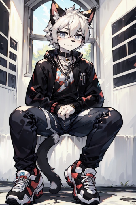  HTTP,1boy, cat, animal ears, white hair, male focus, sitting, black footwear, jacket, black cat, pants, shoes, jewelry, looking at viewer, necklace, short hair, animal, solo, grey eyes, collar, sneakers, black pants, black shirt, long sleeves, furry