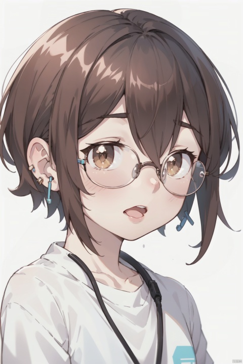  1girl, solo, looking at viewer, blush, short hair, open mouth, bangs, brown hair, shirt, brown eyes, jewelry, white shirt, earrings, glasses, virtual youtuber, :o, portrait, close-up, round eyewear, earphones, shota