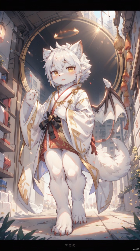  full body,Handsome Chinese dragon, white and gold basedancient Chinese robe, fluffy fur, cute features,A halo floating on the head,,Beautiful mechanical wings,The bustling urban background, front,cinematic lighting, ray tracing, Extreme viewing angle, fisheye lens,UHD, anatomicallycorrect,ccurate, super detail, high details, best quality, 16k, (masterpiece), MSI\(Monon\), furry, shota
