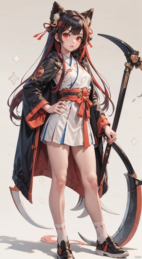  (1girl:0.6),thin,very long hair,black hair, A bundle of red hair,red eyes,small breasts,black coat,white lining,white skirt,socks,shoes,closed mouth,red star hairpin,(star), serious,star,(scythe),((((white_background)))),standing,masterpiece,best quality,official art,extremely detailed CG unity 8k wallpaper, yue , hair ornament , hanfu