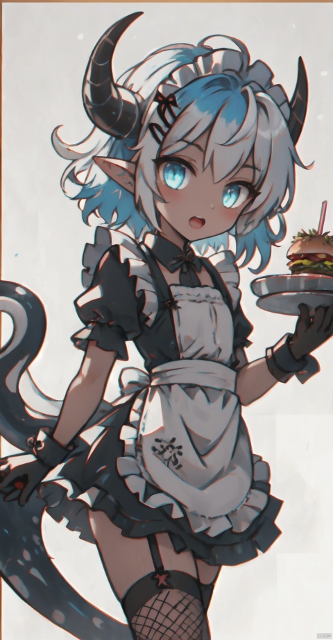  1girl, solo, looking at viewer, short hair, open mouth, blue eyes, simple background, hair ornament, thighhighs, gloves, dress, holding, blue hair, tail, white hair, short sleeves, multicolored hair, frills, food, horns, pointy ears, black gloves, hairclip, puffy sleeves, dark skin, apron, collar, two-tone hair, dark-skinned female, cup, puffy short sleeves, wrist cuffs, maid, maid headdress, colored skin, garter straps, monster girl, single thighhigh, fishnets, yellow background, tentacles, cropped legs, tray, oni horns, drinking straw, colored inner hair, holding tray, fishnet thighhighs, burger, french fries, jijianchahua, (\yan yu\), jiqing, (\shen ming shao nv\), shota