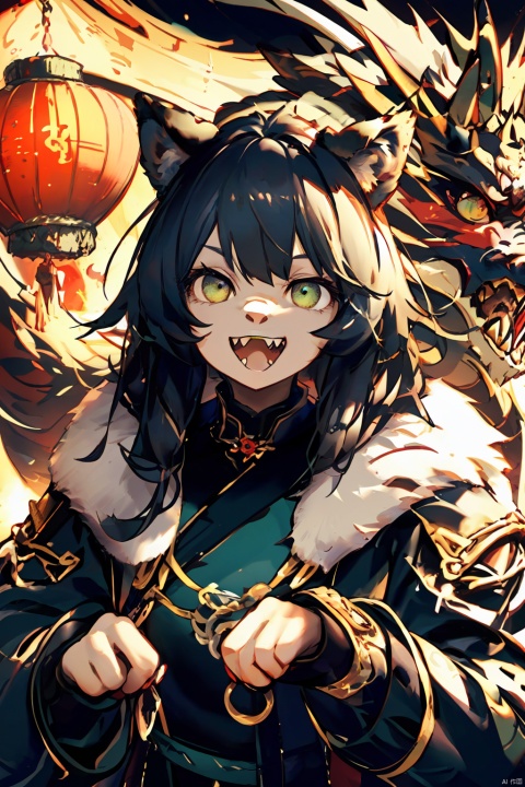  1girl, furry, rogue, full body,(wolf girl,green eye,black hair), leather armor, black fur at all, wolf face, FurryCore,1tail,grinning, sharp fangs,human hands,Gynomorph, f4nt4nsy style, eastern dragon