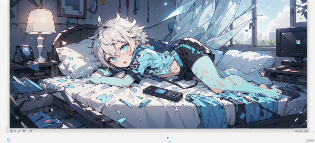  The little boy is lying on the bed, looking at the electronic monitor, with messy hair and a blue gradient at the end, 3D, BY MOONCRYPTOWOW, shine eyes01, glow, shota