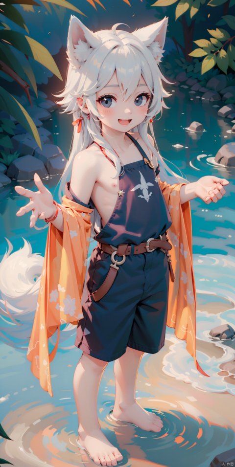  (little boy:1.3),8k,(silver long hair:1.2),black eyes,((poakl)),Happy expression,yellow clothes,bare foot,Standing in the water, exposing shoulders,Wolf ears,