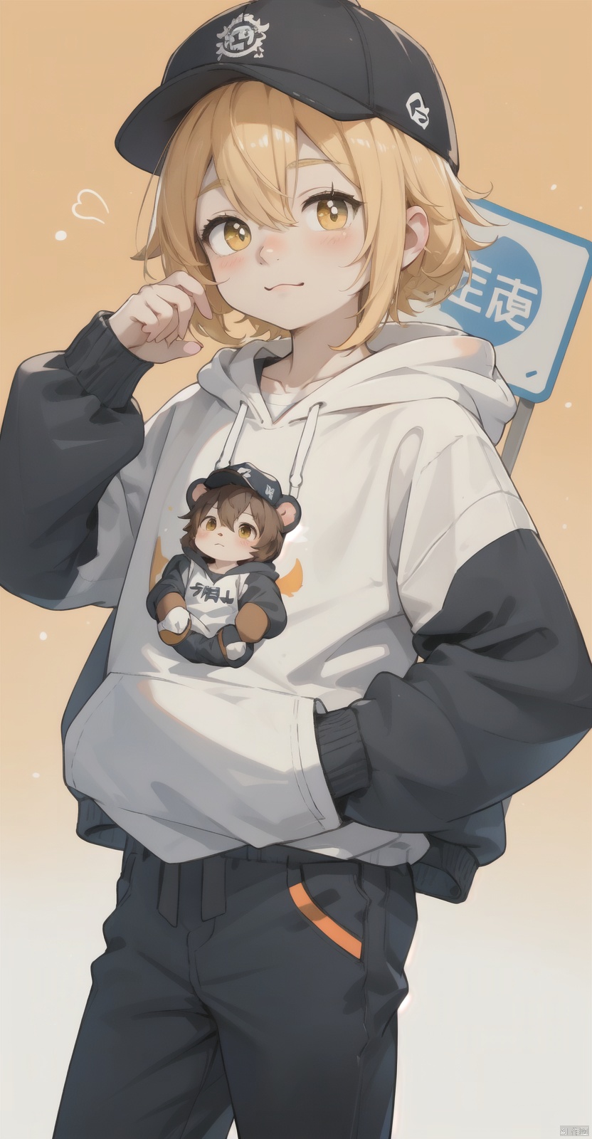  a cute little bear,baseball_cap,hoodie,take the sign,it says "hello",yellow theme,orange background, shota