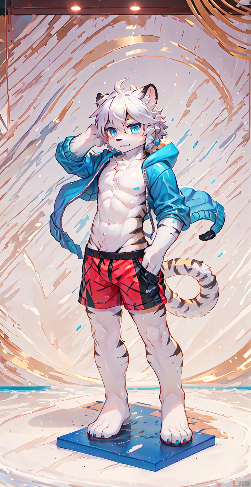  Bestquality,8k,(((masterpiece))),((bestquality)),
 (full_body:1.2),solo,
 White tiger,Swimming trunks,White animal hair, Delicate blue eyes,furry, bichu, shota, HYZ, killer,pvc figure, , (\shen ming shao nv\)