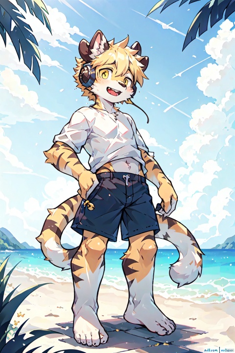  ahoge, furry, Children with bells and headphones, furry, open mouth, Big fluffy tail, An eight-year-old boy, Not a spot on the whole body, Yellow cat ears and brown antlers, Gray shorts, White shirt, The size of the cat, Juvenile, Skinny body type, 1boy, cat boy, furry, cub, ultra cute face, full body, perfect lighting, masterpiece, ultra detailed, White clothes, ultra detailed fur, Beach, outside, The blue sky and white clouds, Alone,barefoot,cow boy,cow horn,yellow, shota