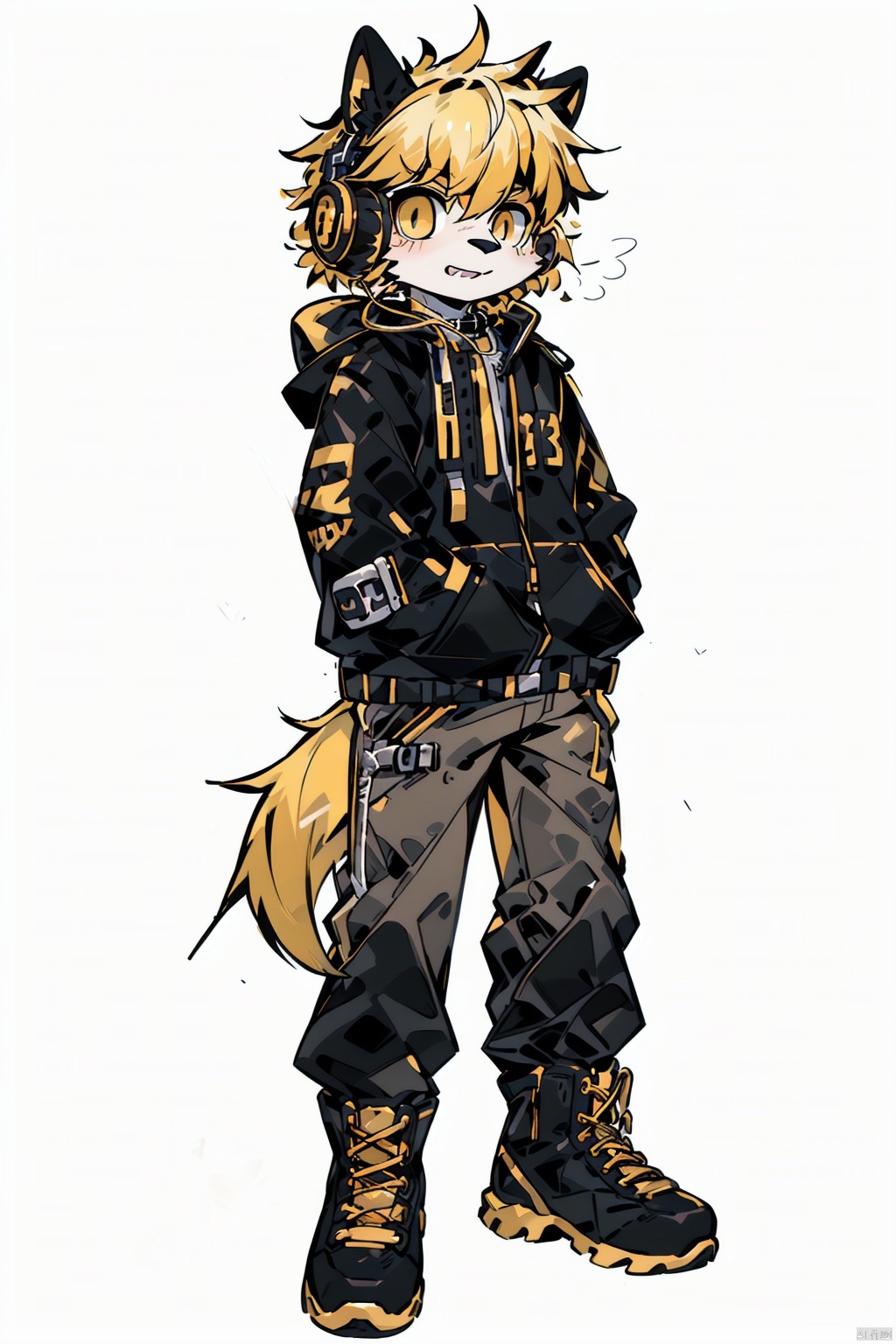  shota, (masterpiece:1.331), best quality, (official art:1.1), (extremely detailed cg unity 8k ）,(****:1.21), simple background, yellow eyes,(headphones),boots,((yellow hair))((,gold_hair)),long_pants,standing, Larme Kei3, furry
