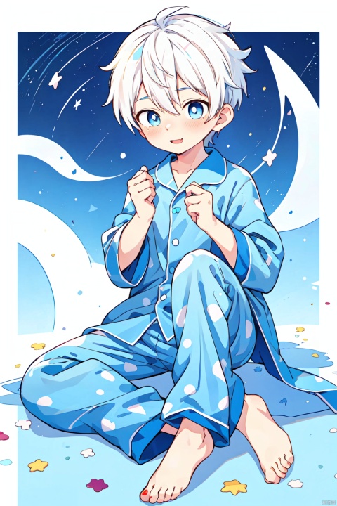  anime,8K,boy,juvenile,Seventeen,whiter hair,blue eye,barefoot,Blue pajamas, Holding a five pointed star in hand, decorated with stars, dotted with dots, NJIP