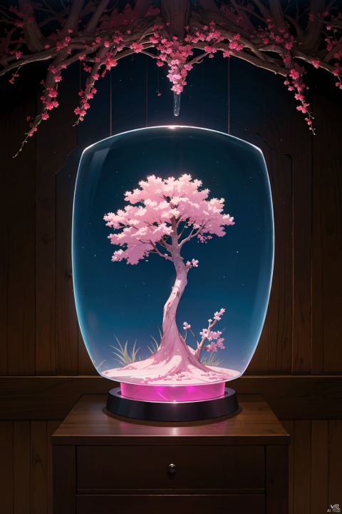  Pink glowing_glass sculpture of a Sakura tree, on a nightstand, depth of field, fisheye, MIR