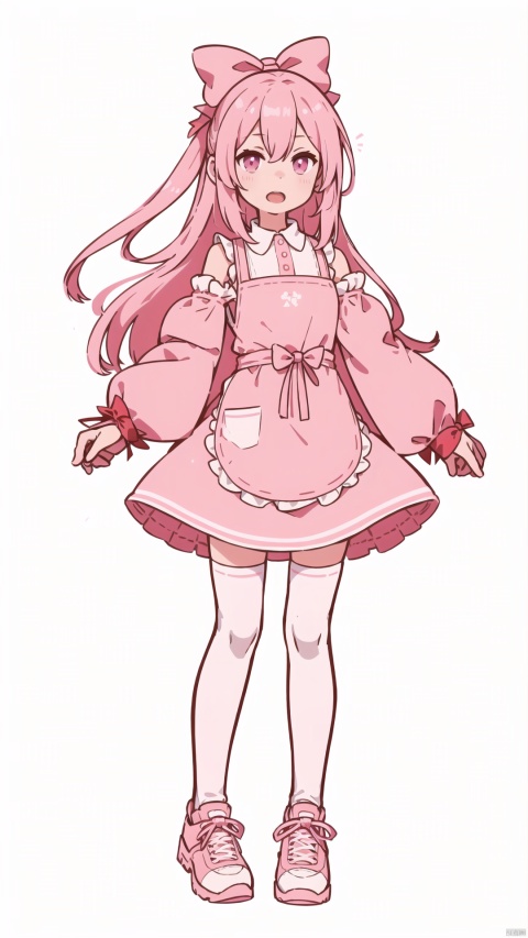  1girl, absurdres, apron, asymmetrical legwear, bow, detached sleeves, dress, food, highres, holding, ice cream, long hair, long sleeves, looking at viewer, open mouth, original, pink bow, pink dress, pink eyes, pink footwear, pink hair, pink socks, simple background, sleeves past fingers, sleeves past wrists, socks, solo, standing, thighhighs, uneven legwear, white background, white thighhighs
, shota, red background