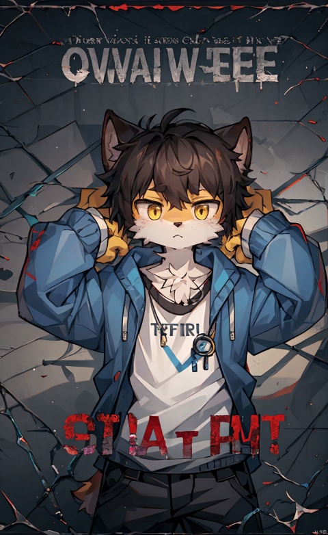  e style thriller poster,1girl, solo,yellow character name,red english font, shota, mjtyhz, furry
