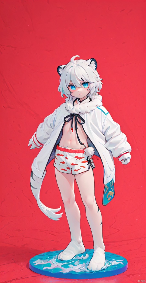  Bestquality,8k,(((masterpiece))),((bestquality)),
 (full_body:1.2),solo,
 White tiger,Swimming trunks,White animal hair, Delicate blue eyes,furry, bichu, shota, HYZ, killer,pvc figure, , (\shen ming shao nv\), red background