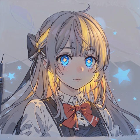  1girl,artsuijin,bandages,bangs,bowtie,braid,dark aura,hair bow,hair ornament,hair ribbon,long hair,looking at viewer,multicolored hair,portrait,solo,traditional media,upper body,yellow hair,blue eyes,symbol-shaped pupils,star,,, masterpiece, best quality, highres, artsuijin