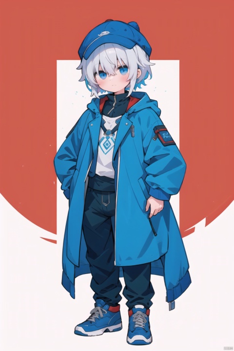  za_yv, ganyu, , hat, coat, multicolored hair, blue hair, white hair, red background, shota