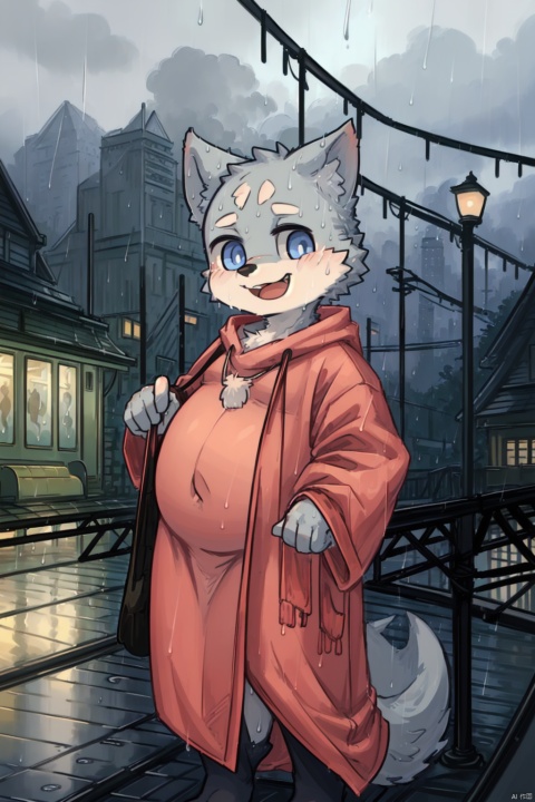  masterpiece, best quality, perfect anatomy, bright eyes, watery eyes, kemono, furry, wolf, (felis:0.25), male, solo, baggy clothing, (open smile:1.1), gentle, looking at viewer, train station, rain, (waterdrop:0.9), grey sky, raining, (fog:0.4), detailed eyes, shota,fat, CUXIAN