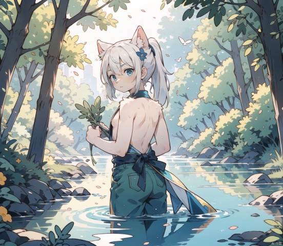  1girl,White-hair(green-highlights),double-ponytail,flat_chest,garland(rosemary),Four-pointed-star-feather-element,with-bird-ear,backlighting,front_view,
sideways,hold-flower(blue),limited_palette,blue_eyes,forest,back with river, (\meng ze\), ((poakl)), furry, shota