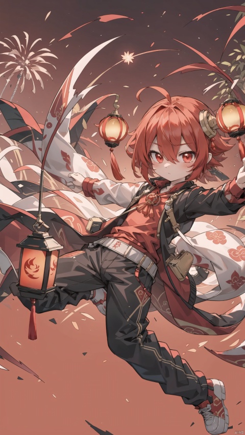  1 red dragon,red background, a small number of red lanterns, Chinese elements with firecrackers around and fireworks in the background, goddess, colors, shota, killer