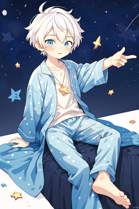 anime,8K,boy,juvenile,Seventeen,whiter hair,blue eye,barefoot,Blue pajamas, Holding a five pointed star in hand, decorated with stars, dotted with dots, NJIP