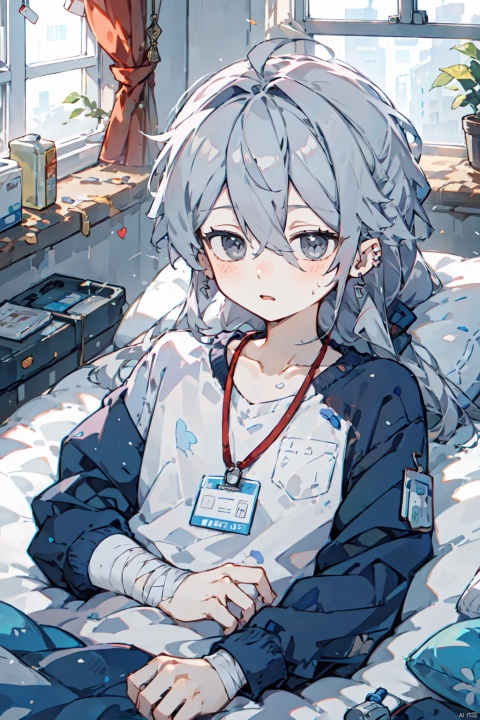  1girl, solo, long hair, blush, bangs, shirt, long sleeves, jewelry, upper body, grey hair, earrings, lying, parted lips, indoors, pillow, grey eyes, window, bed, on bed, bandages, looking down, piercing, curtains, messy hair, ear piercing, blanket, id card, lanyard, intravenous drip, hospital bed, shota