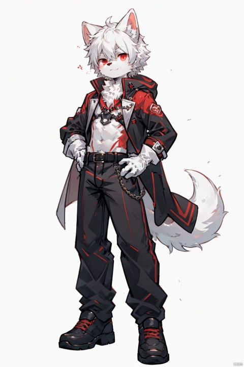 solo, simple background, red eyes, gloves, 1boy, white background, animal ears, standing, tail, full body, male focus, belt, pants, white gloves, coat, hand on hip, furry, furry male, white pantyhose