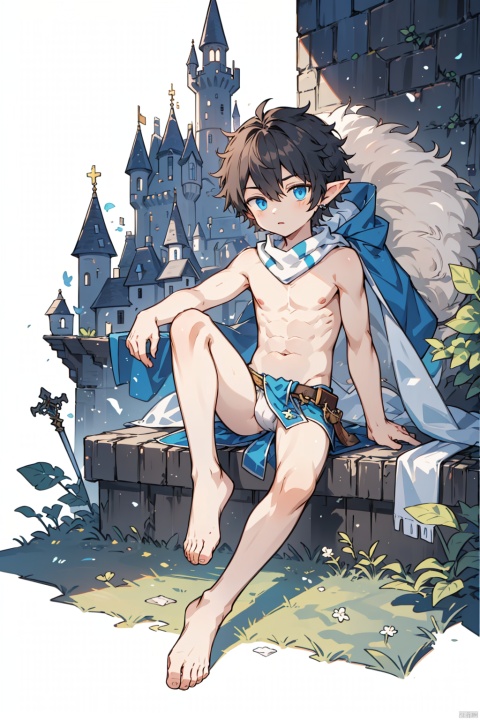 (1boy),(shota),12 year oldboy,GenderMale,sitting,
malefocus,shorthair,
masterpiece,bestquality,officialart,(magic),elf,loincloth_aside,bodyjewelry,blue_eyes,full_body,wind,(bare_legs),,midjourney,(topless:1.4),no background,simple background,((bare_feet)),White scarf, Expose theankle, sword and sorcery, magic, manor, lakes, castle, shota, 1boy, backlight