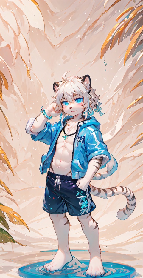  Bestquality,8k,(((masterpiece))),((bestquality)),
 (full_body:1.2),solo,
 White tiger,Swimming trunks,White animal hair, Delicate blue eyes,furry, bichu, shota, HYZ, killer,pvc figure, , (\shen ming shao nv\), 