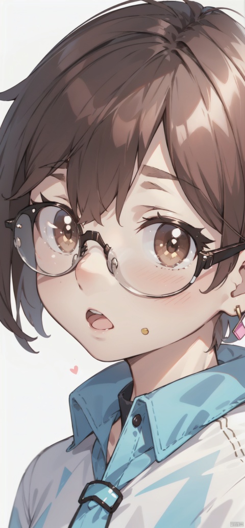  1girl, solo, looking at viewer, blush, short hair, open mouth, bangs, brown hair, shirt, brown eyes, jewelry, white shirt, earrings, glasses, virtual youtuber, :o, portrait, close-up, round eyewear, earphones, shota