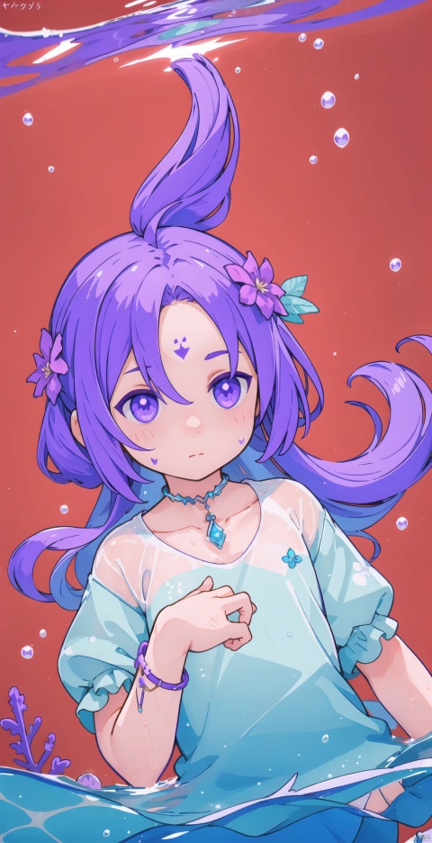  1 girl,(Purple light effect),hair ornament,jewelry,looking at viewer,flower,floating hair,water,underwater,air bubble,submerged

, forehead mark, shota, red background
