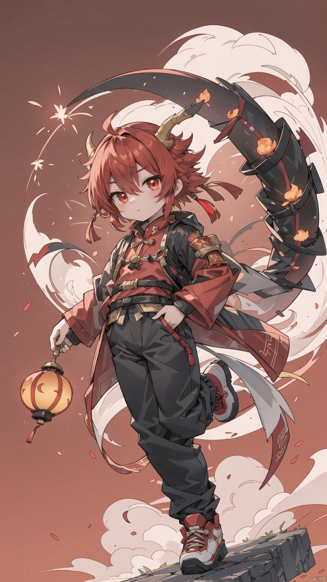  1 red dragon,red background, a small number of red lanterns, Chinese elements with firecrackers around and fireworks in the background, goddess, colors, shota, killer