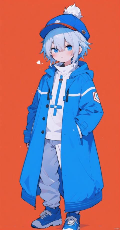  za_yv, ganyu, , hat, coat, multicolored hair, blue hair, white hair, red background, shota