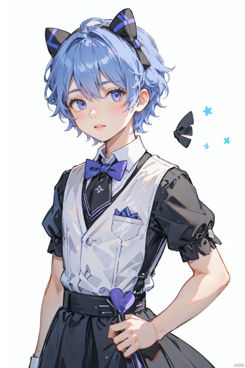  (1boy:1.2), black_bow, tie, bowtie, hair_bow, parted_lips, purple_bow, blue_hair, short_hair, simple_background, solo, white_background