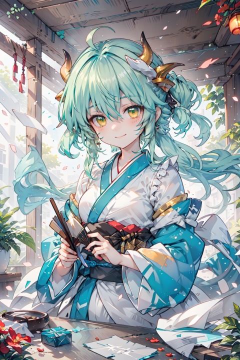  1girl, kiyohime \(fate\), solo, best quality, detailed, upper body, looking at viewer, holding fan, smile, dragon horns, closed mouth, yellow eyes, green eyes, hair between eyes, eyebrows visible through hair, long hair, green hair, aqua hair, bangs, kimono, wide sleeves, obi, folding fan, dragon girl, shaded face, shota, killer